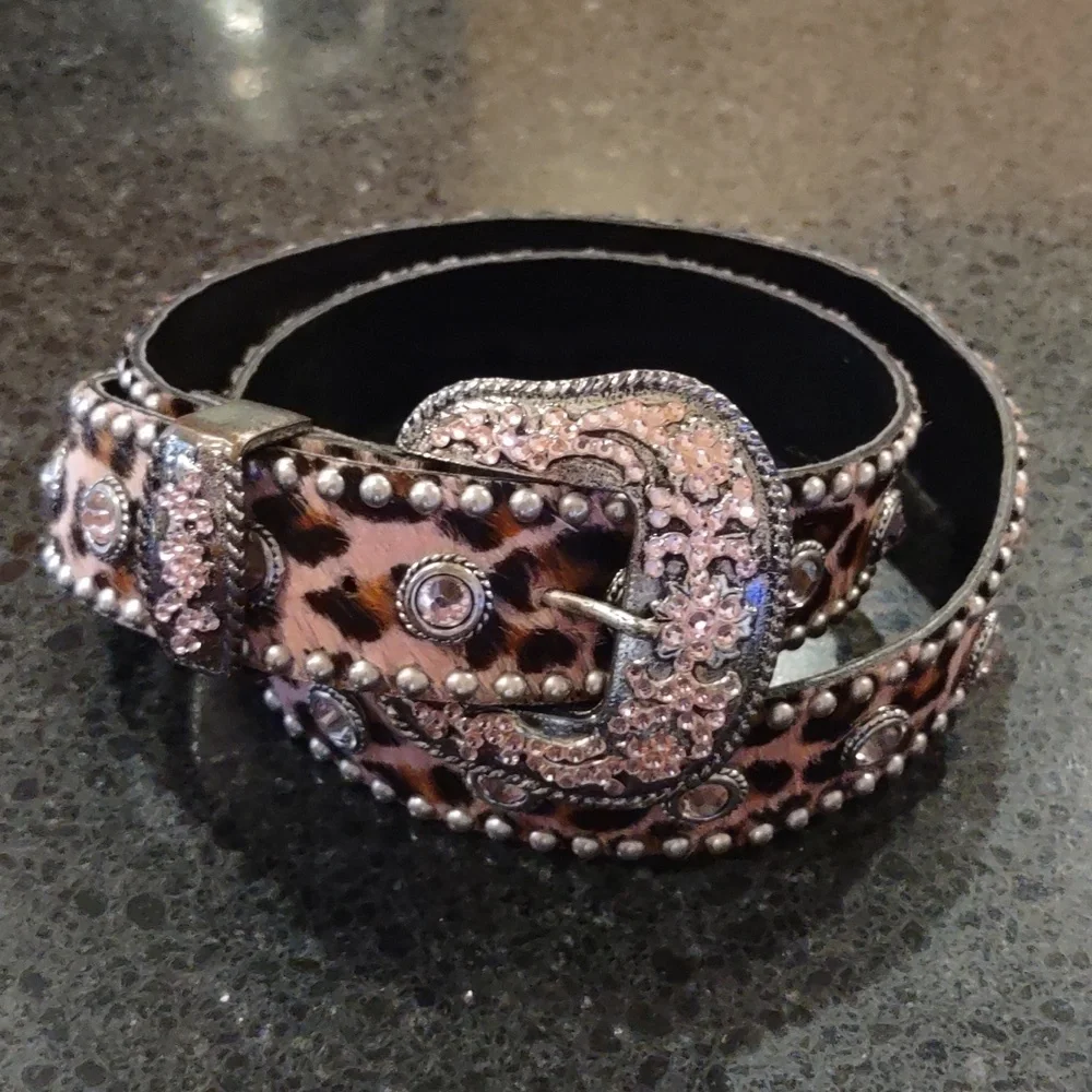 LEATHERROCK | Pink 🩷 Leopard Calf Hair Rhinestone Embellished Cowgirl Belt